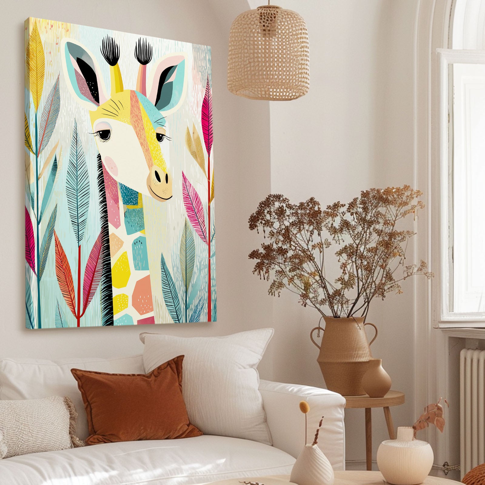 Colorful abstract painting of two faces on a wall above a sofa with decorative pillows.