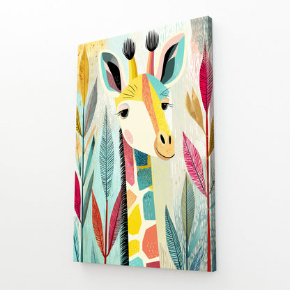 Colorful giraffe artwork with abstract patterns on a white background
