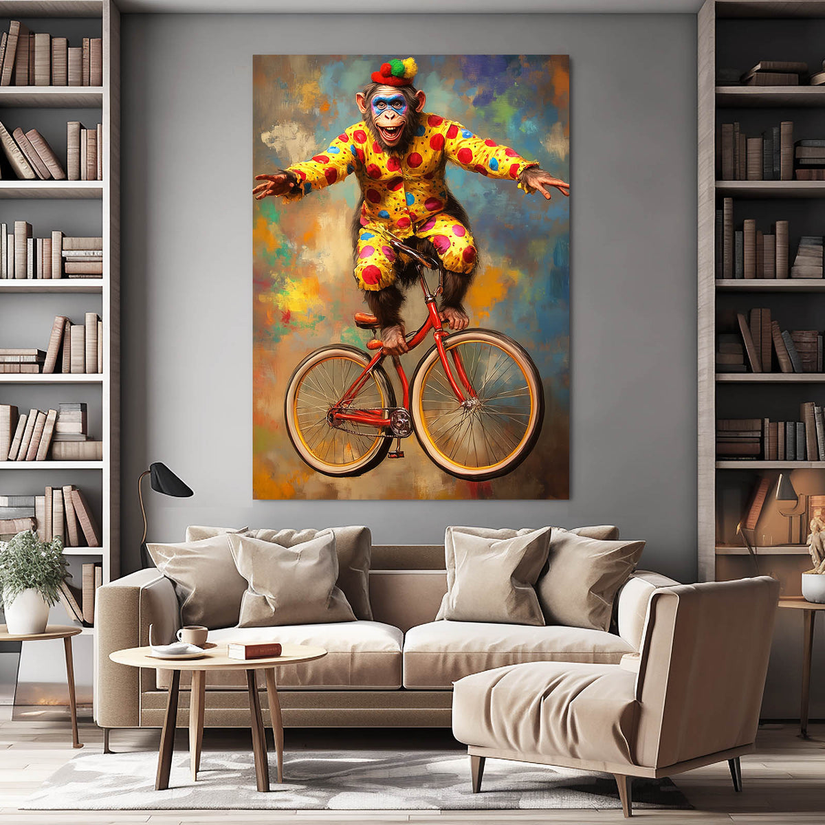 Circus Clown Cyclist Monkey Wall Decor — contemporary canvas print, styled in a furnished interior