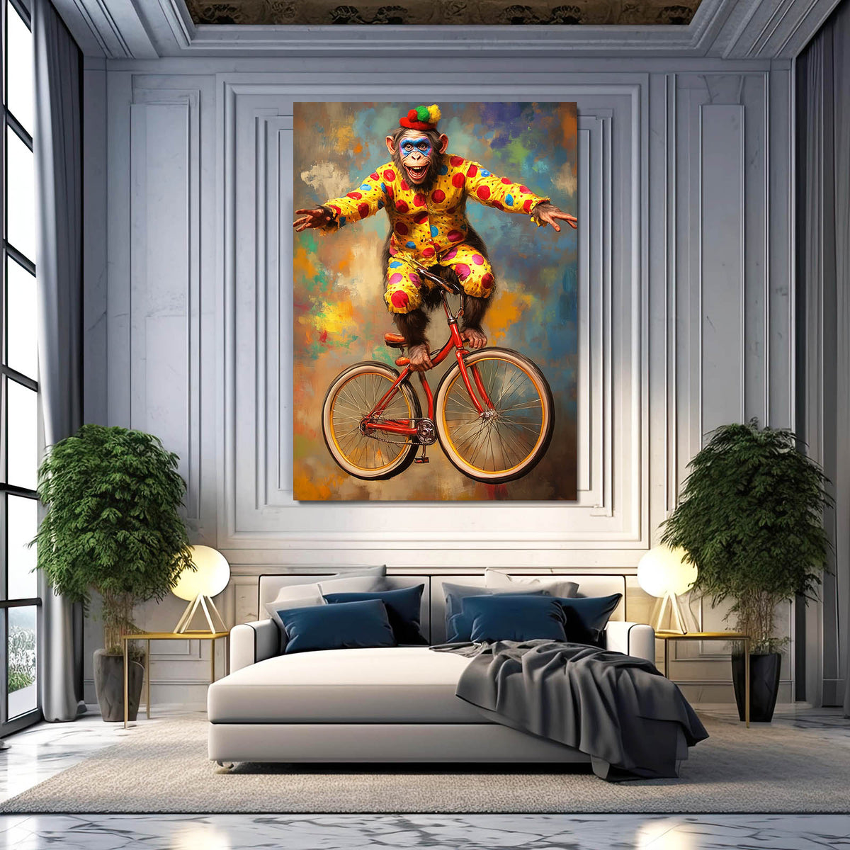 Circus Clown Cyclist Monkey Wall Decor — contemporary canvas print, styled in a furnished interior