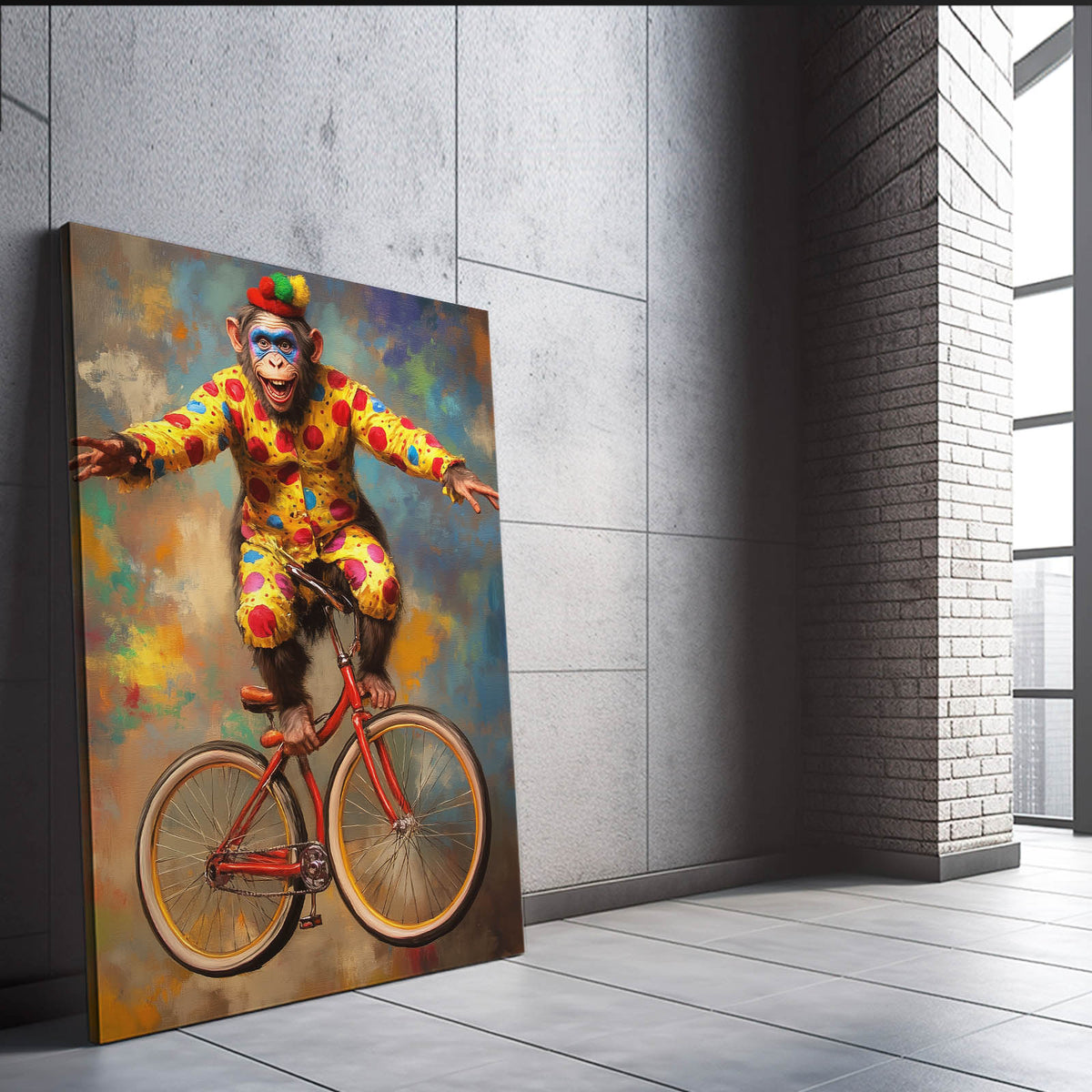 Circus Clown Cyclist Monkey Wall Decor — contemporary canvas print, styled in a furnished interior