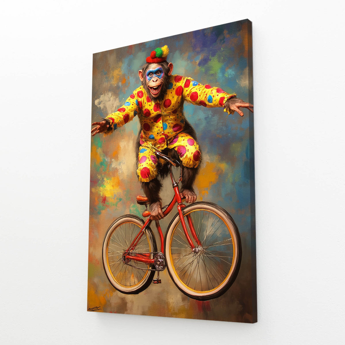 Circus Clown Cyclist Monkey Wall Decor — contemporary canvas print, angled canvas view on white background