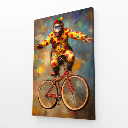 Circus Clown Cyclist Monkey Wall Decor – angled canvas view on white background