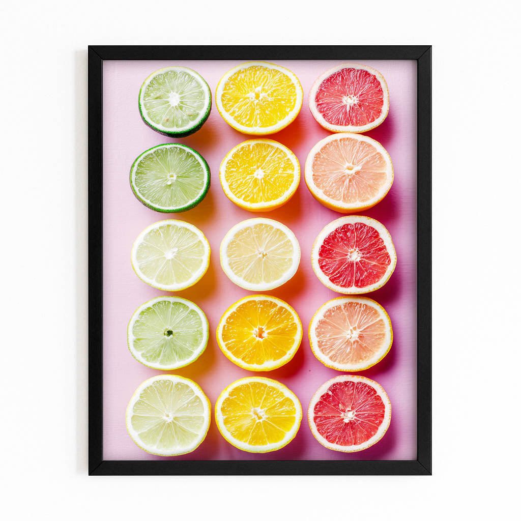 Citrus Rows Pastel Fruit Wall Decor – with Premium Black frame on white background