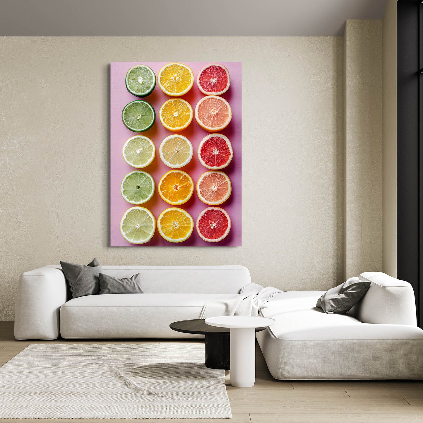 Citrus Rows Pastel Fruit Wall Decor – styled in a furnished interior