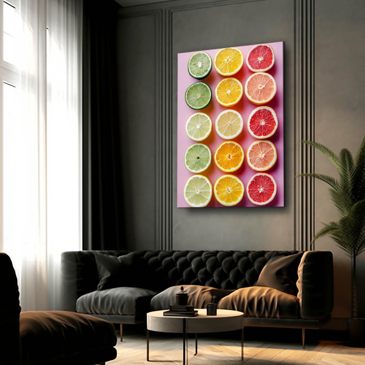 Citrus Rows Pastel Fruit Wall Decor – styled in a furnished interior