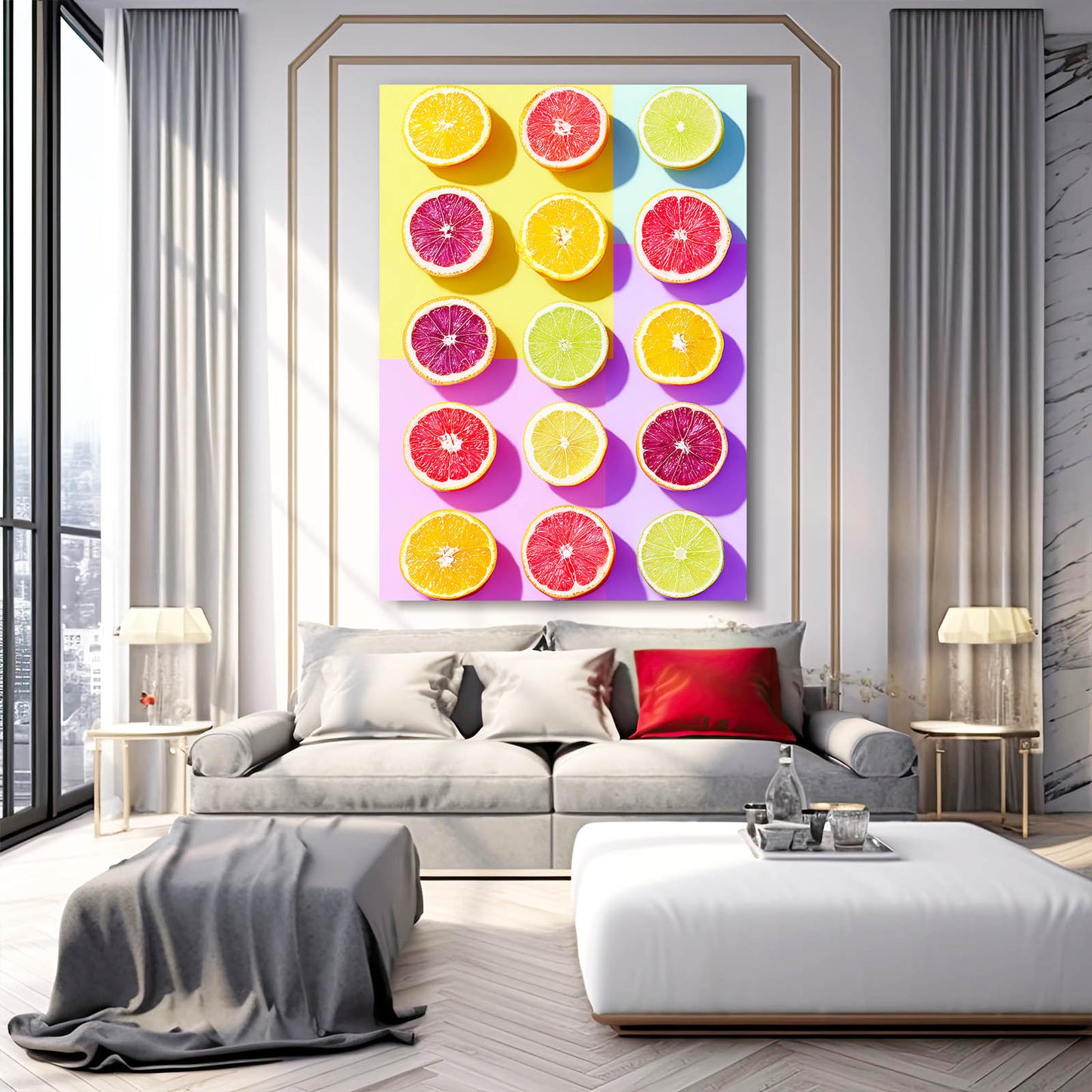 Citrus Slice Grid Fruit Canvas – styled in a furnished interior