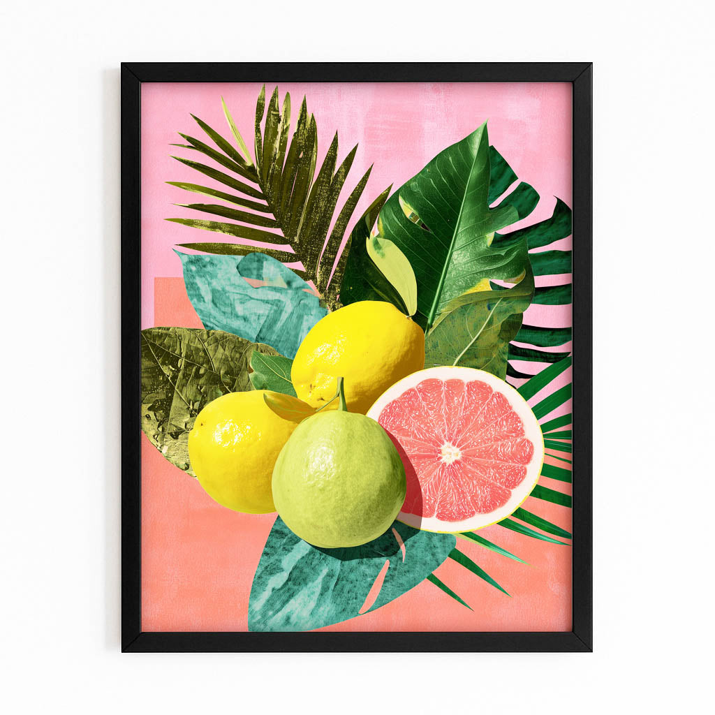 Citrus Tropical Collage Fruit Canvas Art – with Premium Black frame on white background