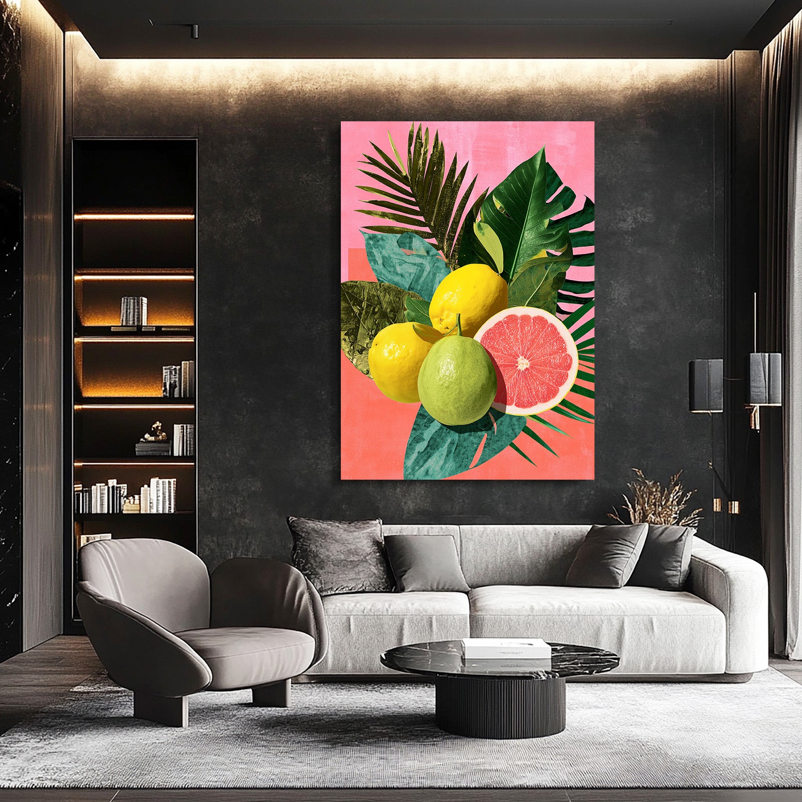 Citrus Tropical Collage Fruit Canvas Art – styled in a furnished interior