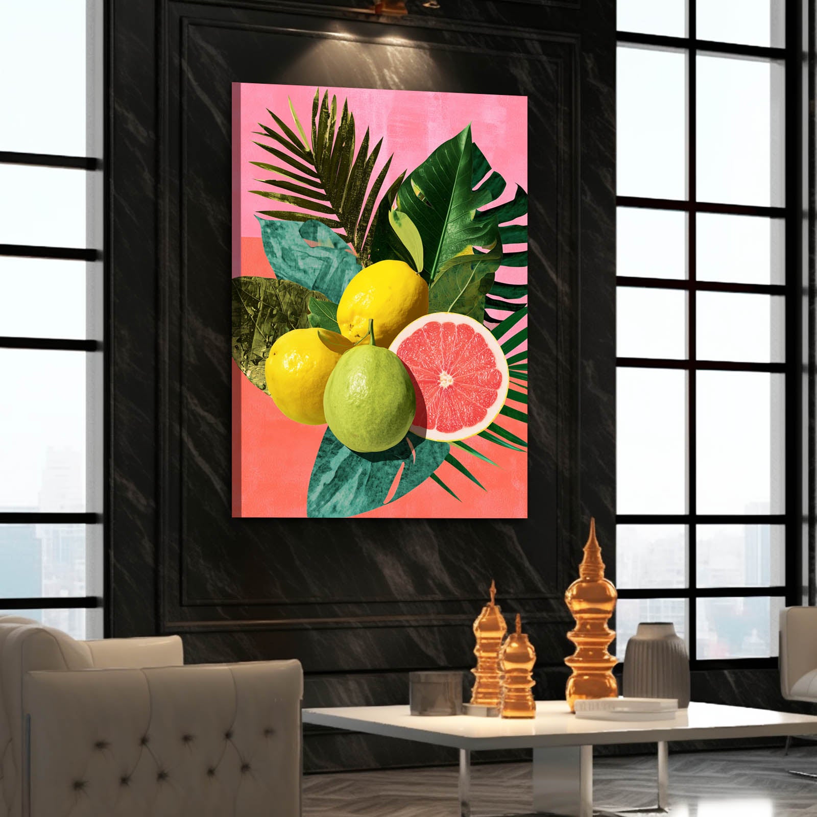 Citrus Tropical Collage Fruit Canvas Art – styled in a furnished interior