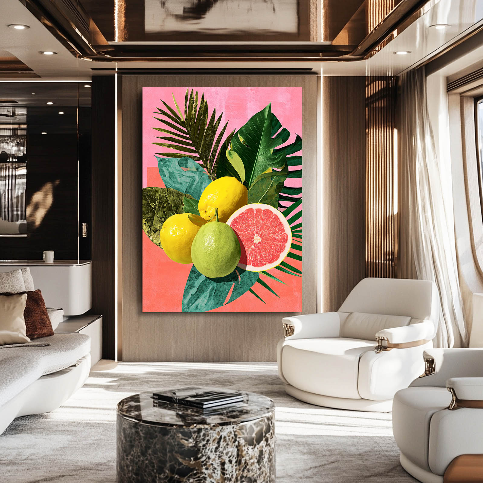 Citrus Tropical Collage Fruit Canvas Art – styled in a furnished interior
