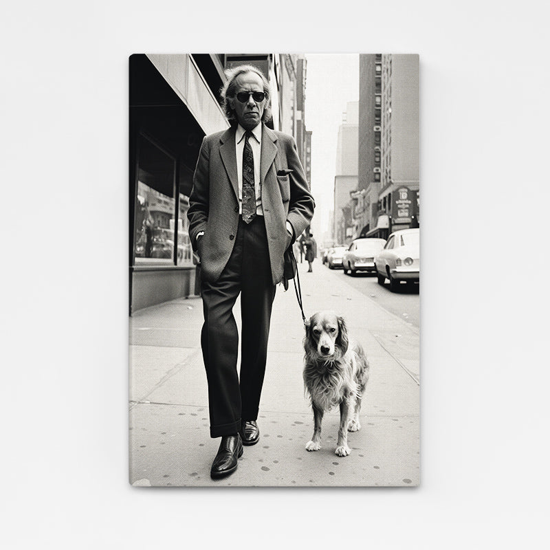 City Gentleman Photography Art – dapper man walking his dog on a monochrome city street