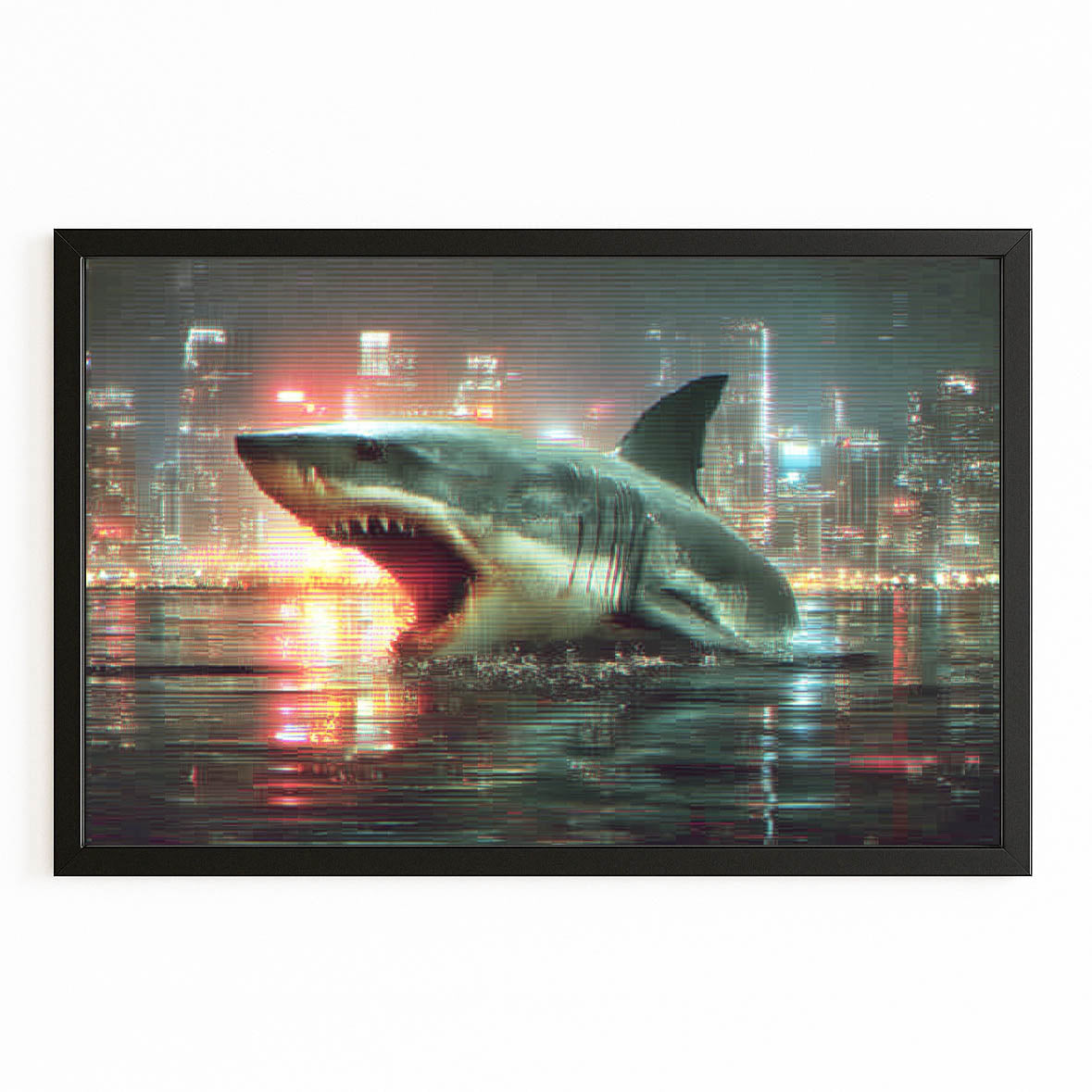 City Night Breach Shark Wall Art – with Premium Black frame on white background