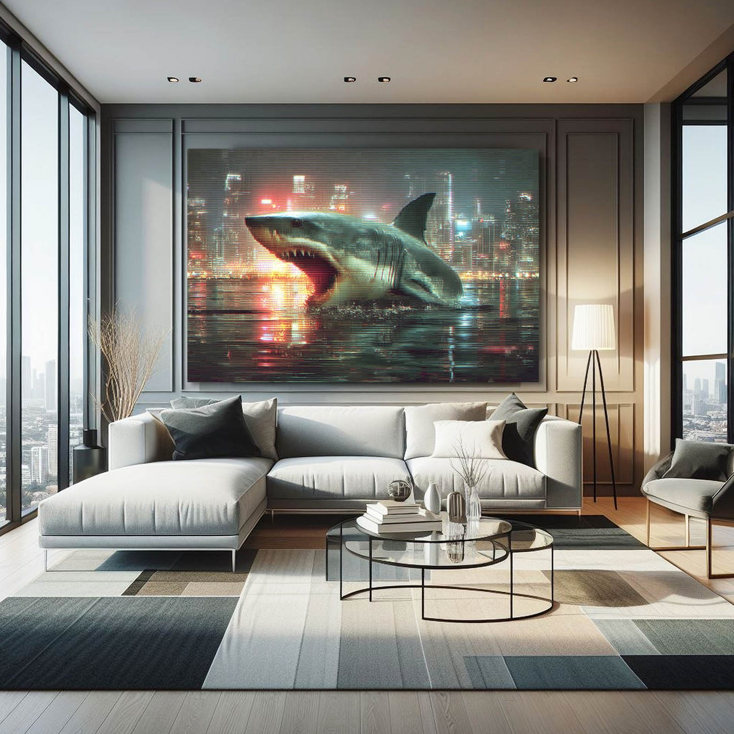 City Night Breach Shark Wall Art – styled in a furnished interior