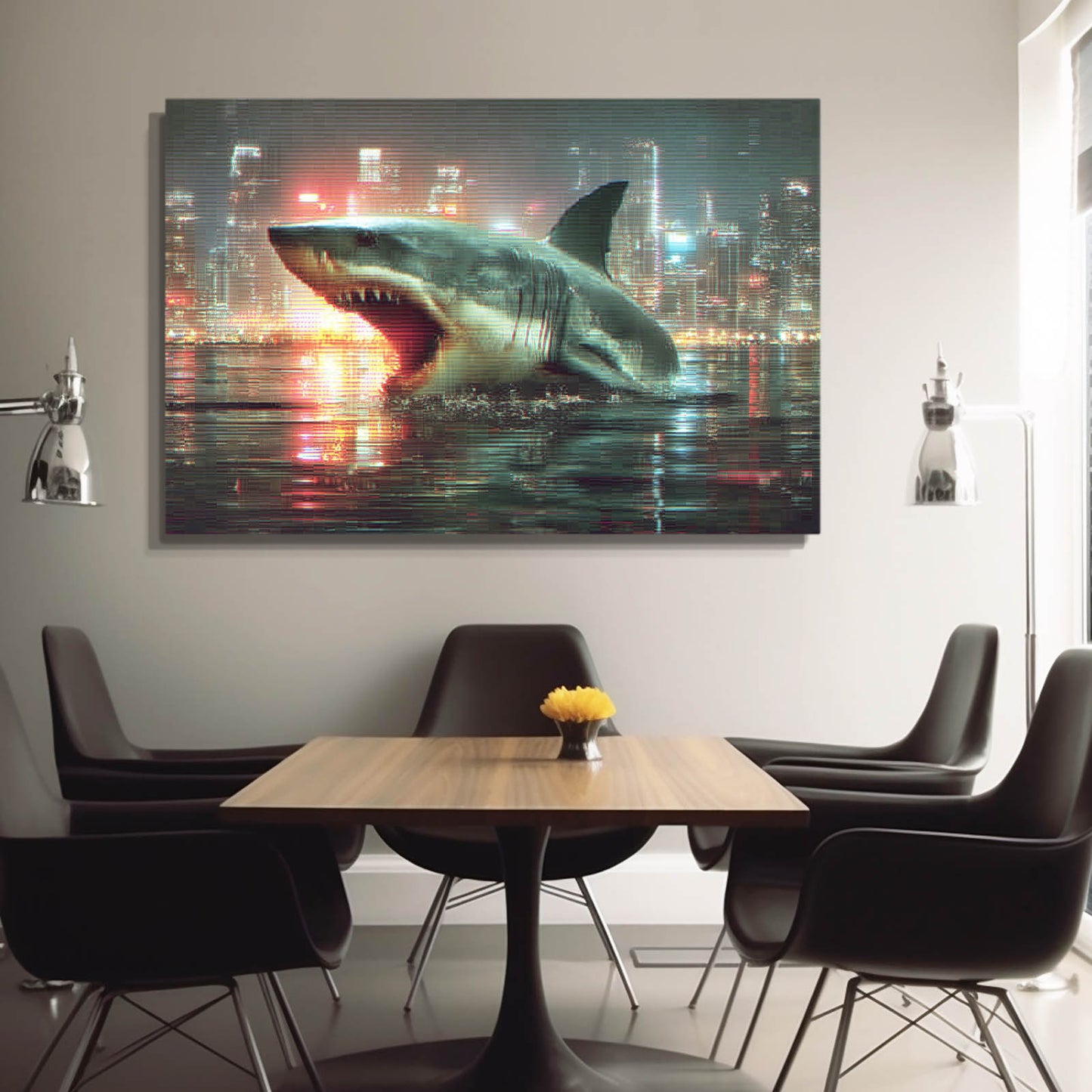 City Night Breach Shark Wall Art – styled in a furnished interior