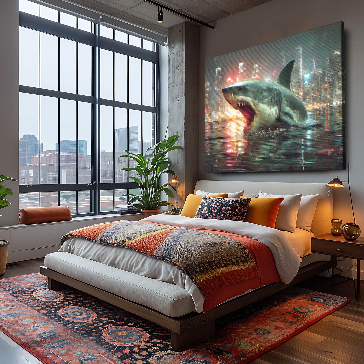City Night Breach Shark Wall Art – styled in a furnished interior