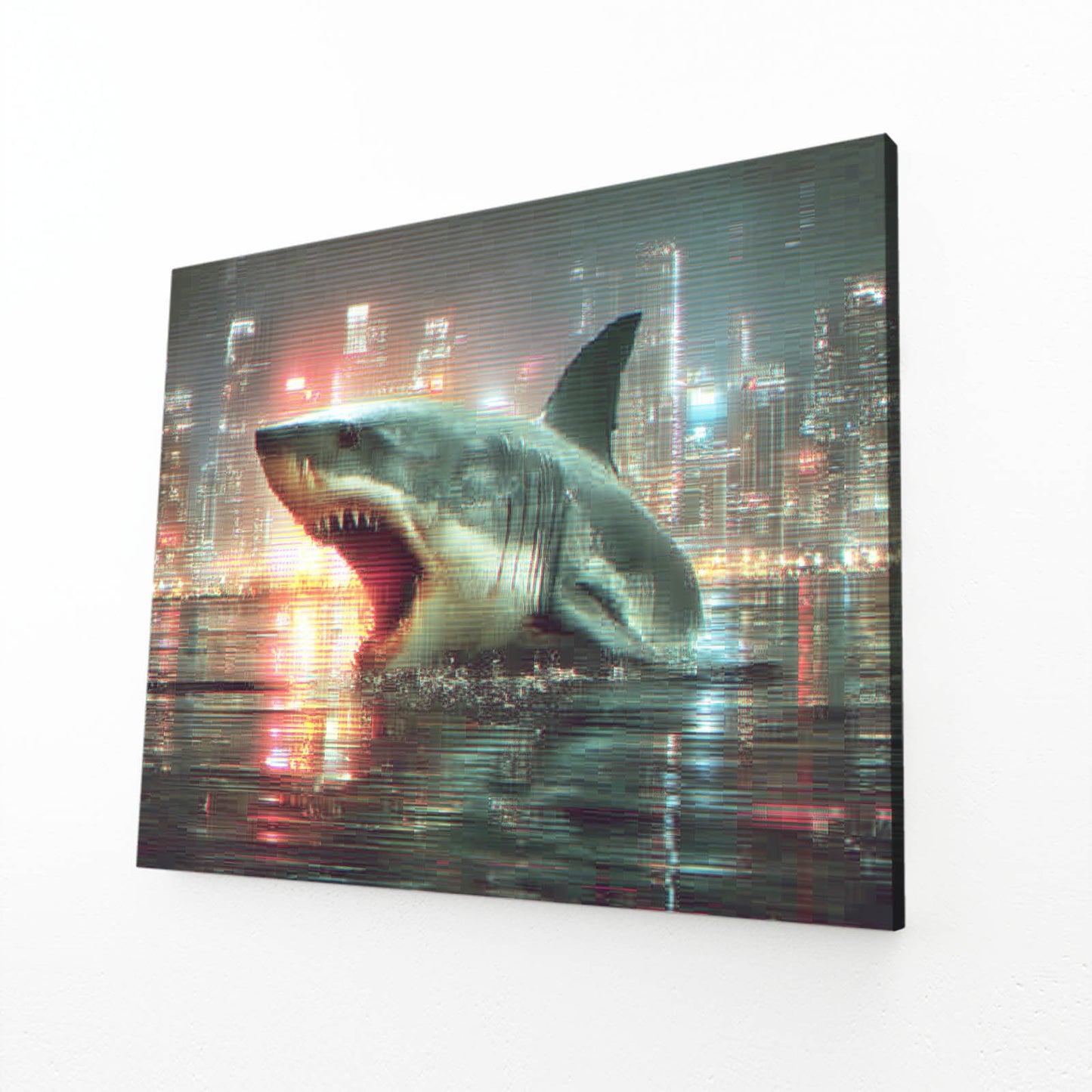 City Night Breach Shark Wall Art – angled canvas view on white background