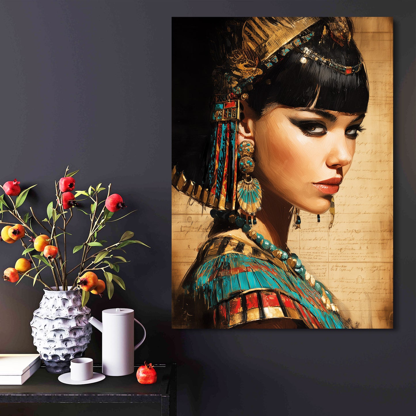 Cleopatra Portrait Photography Egyptian Wall Decor – styled in a furnished interior
