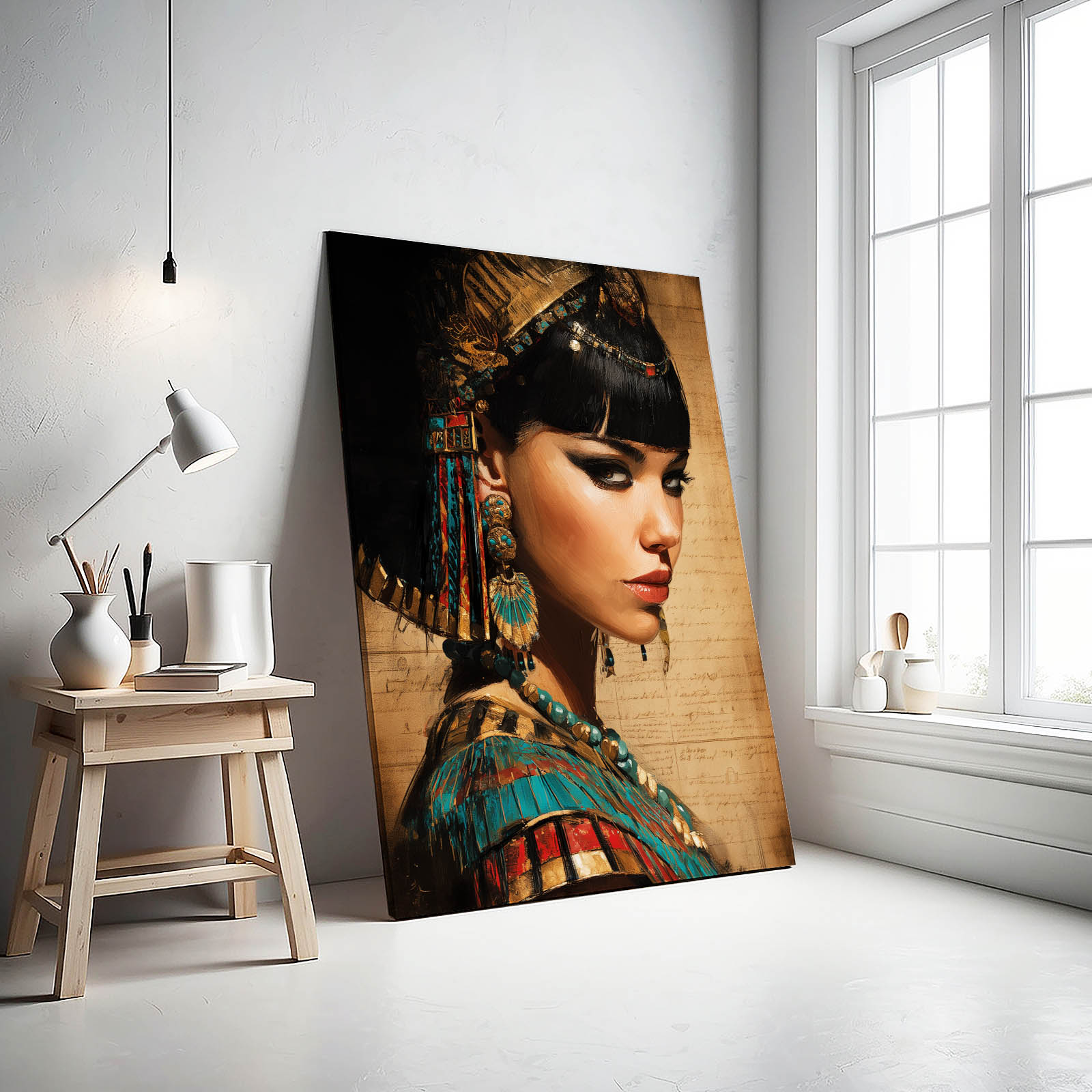 Cleopatra Portrait Photography Egyptian Wall Decor – styled in a furnished interior
