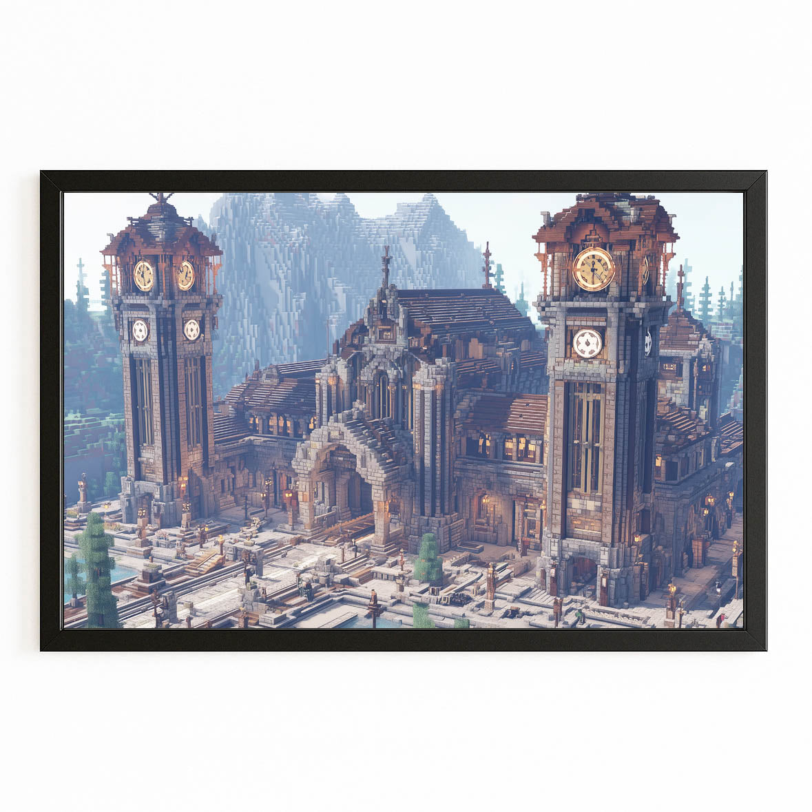 Clocktower Steam City Steampunk Art – with Premium Black frame on white background