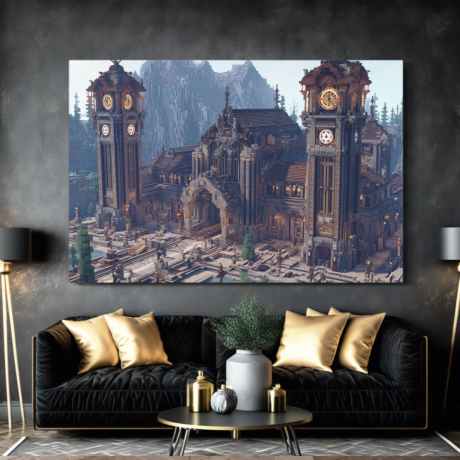 Clocktower Steam City Steampunk Art – styled in a furnished interior