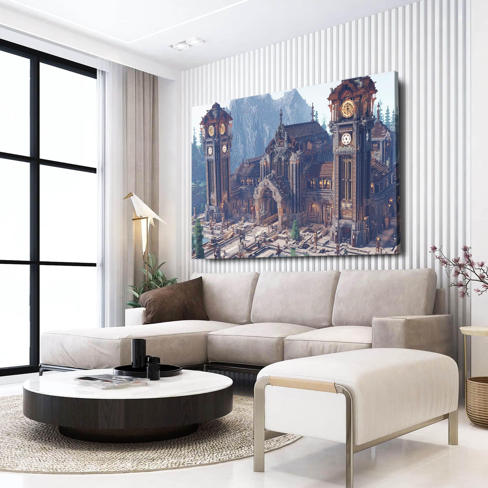 Clocktower Steam City Steampunk Art – styled in a furnished interior
