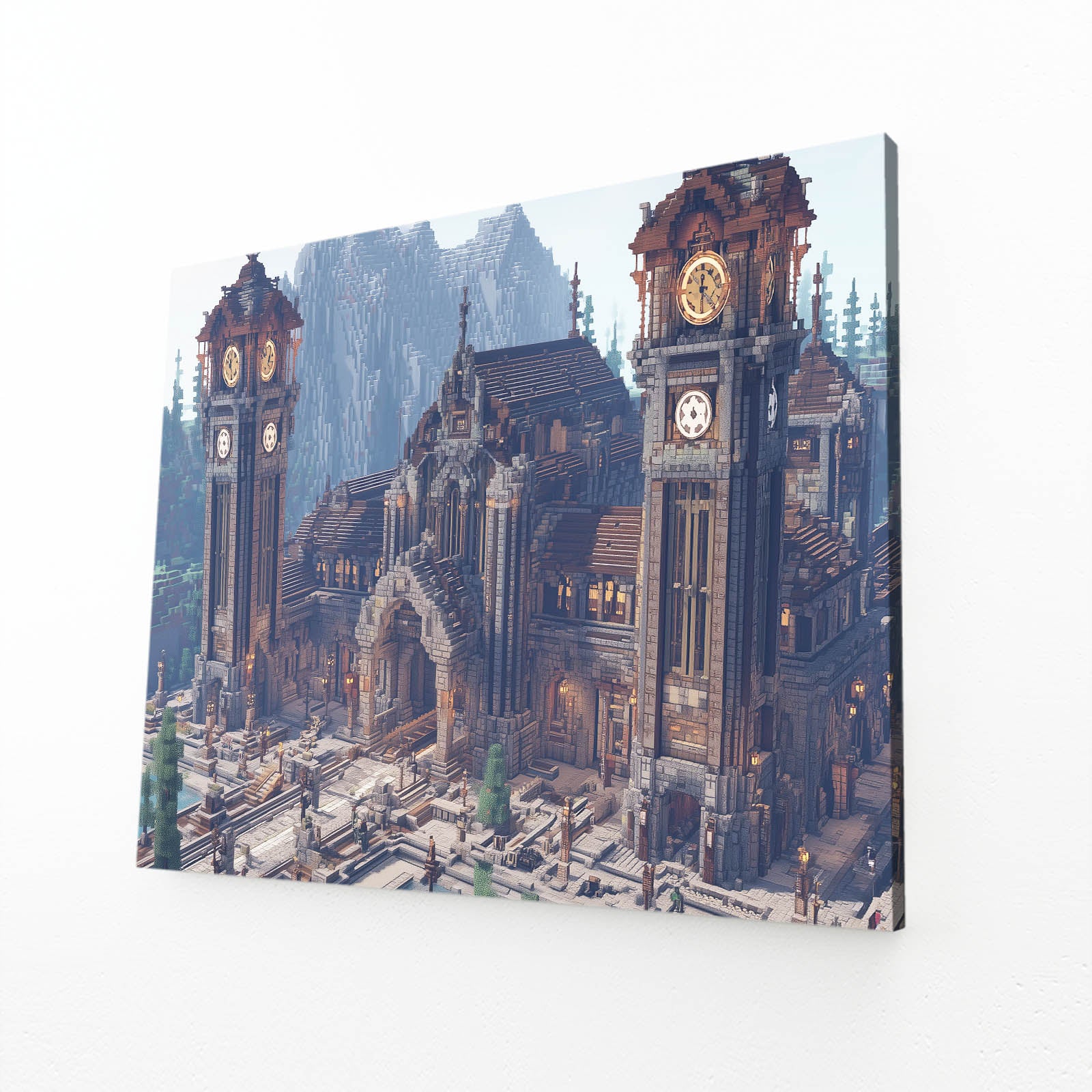 Clocktower Steam City Steampunk Art – angled canvas view on white background