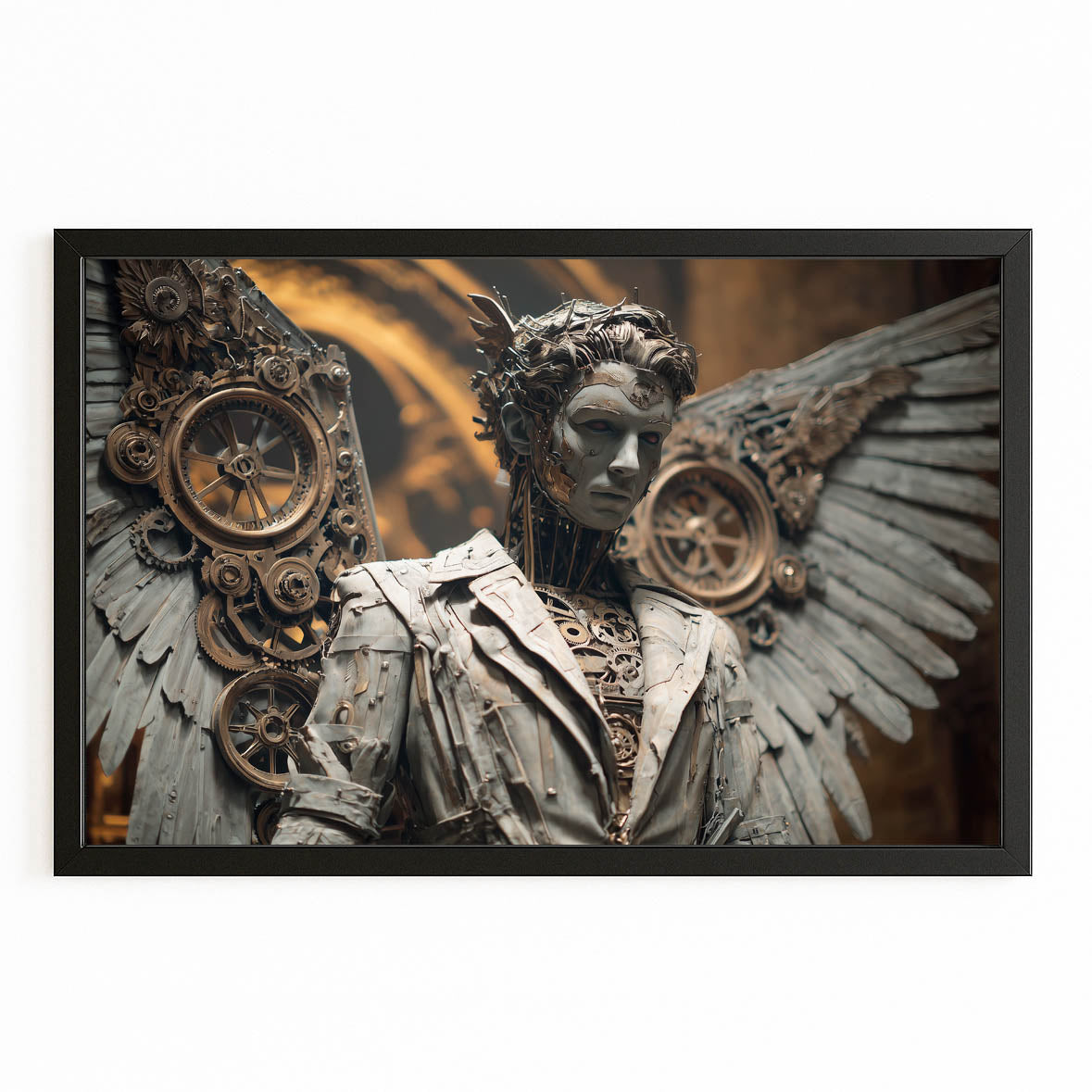 Clockwork Angel Statues Steampunk Prints – with Premium Black frame on white background