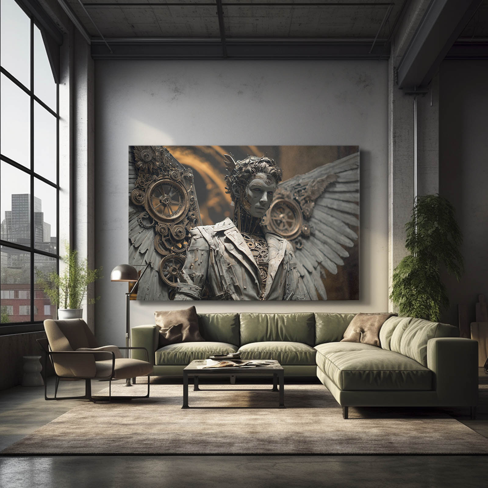 Clockwork Angel Statues Steampunk Prints – styled in a furnished interior