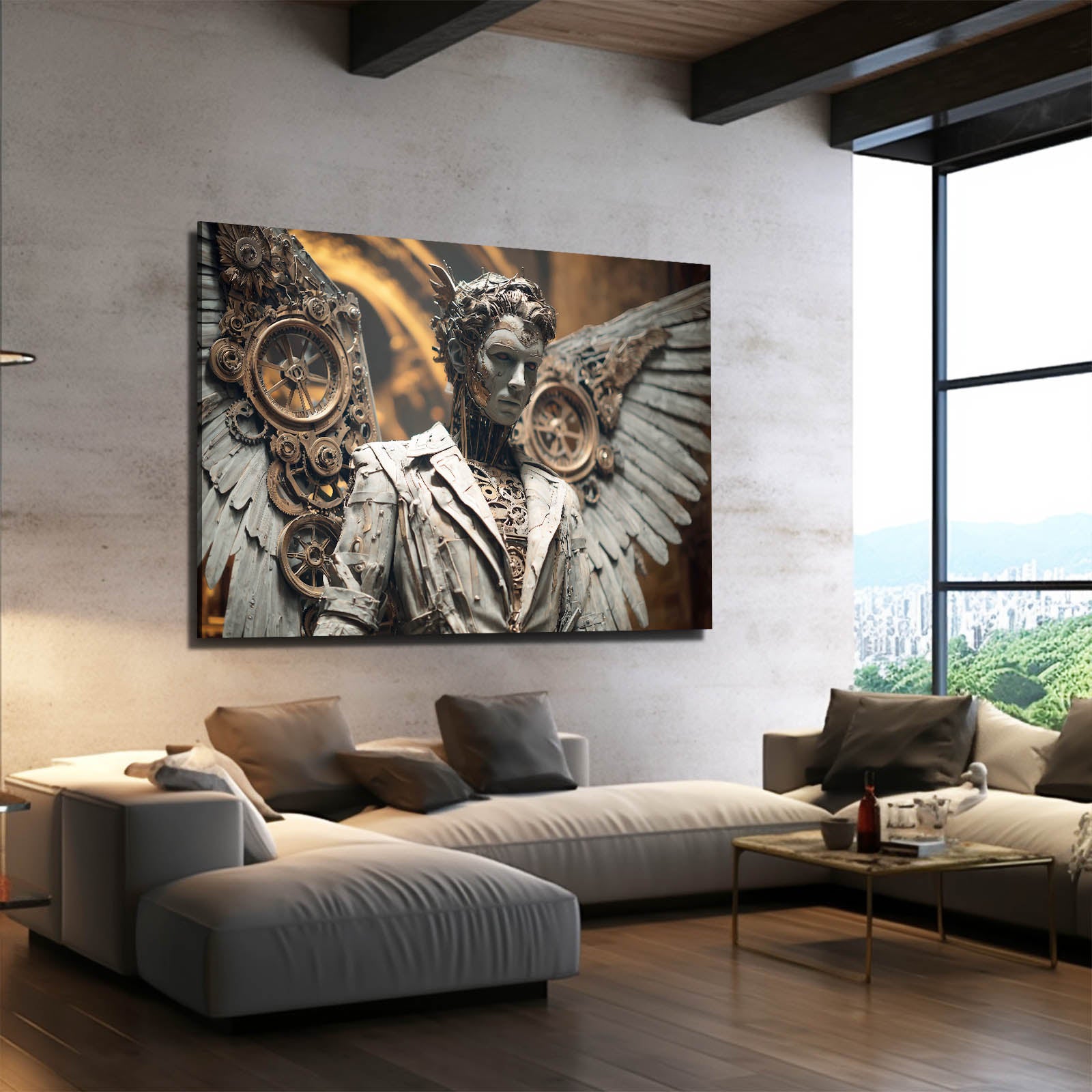 Clockwork Angel Statues Steampunk Prints – styled in a furnished interior