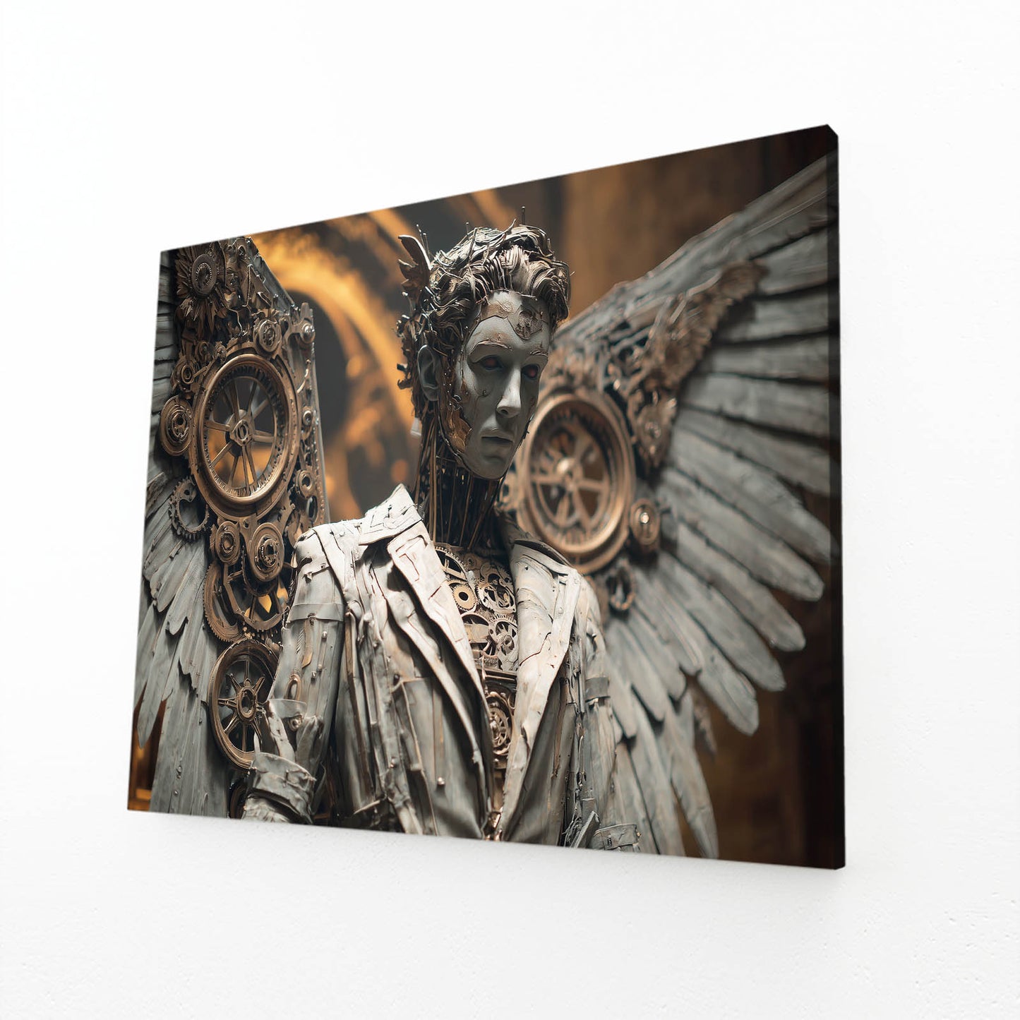 Clockwork Angel Statues Steampunk Prints – angled canvas view on white background