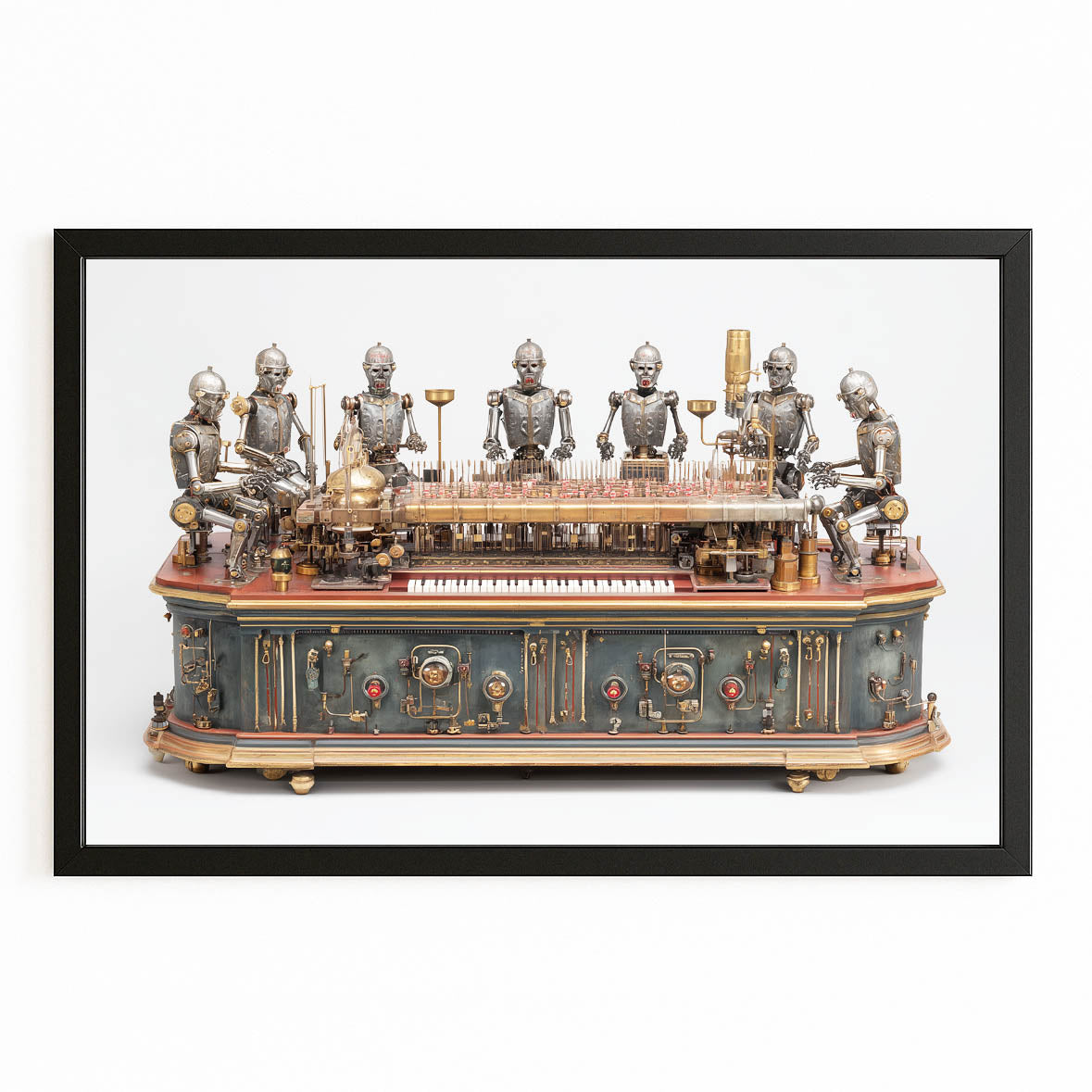 Clockwork Automaton Ensemble Steampunk Wall Decor – with Premium Black frame on white background