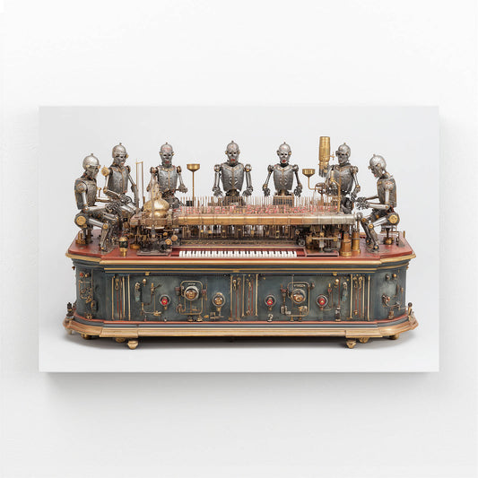 Clockwork Automaton Ensemble Steampunk Wall Decor – angled canvas view on white background