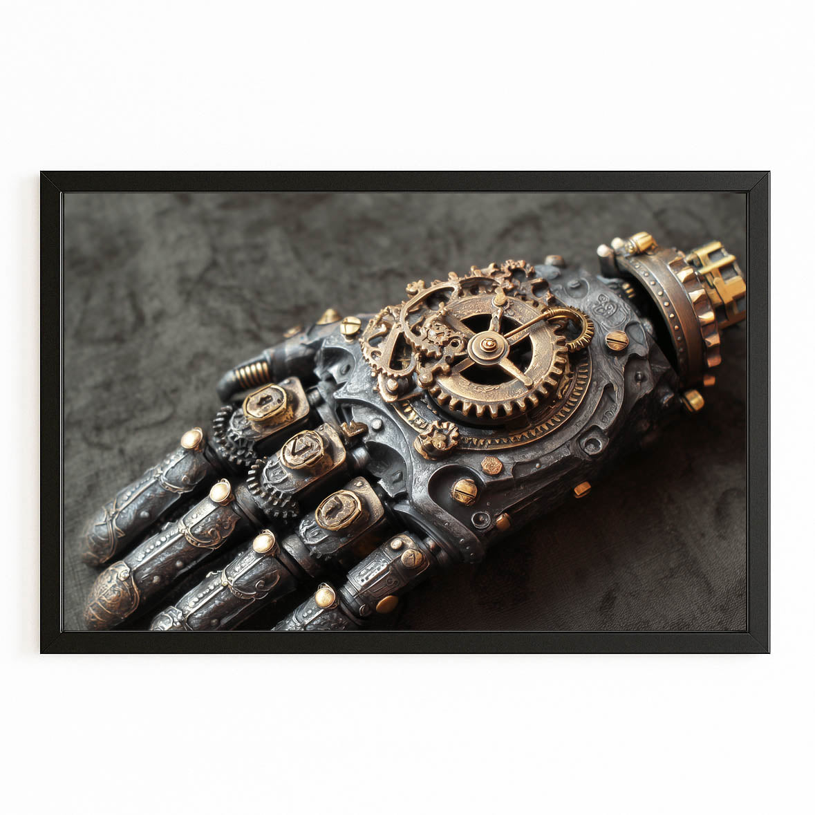 Clockwork Gauntlet Hand Steampunk Art – with Premium Black frame on white background