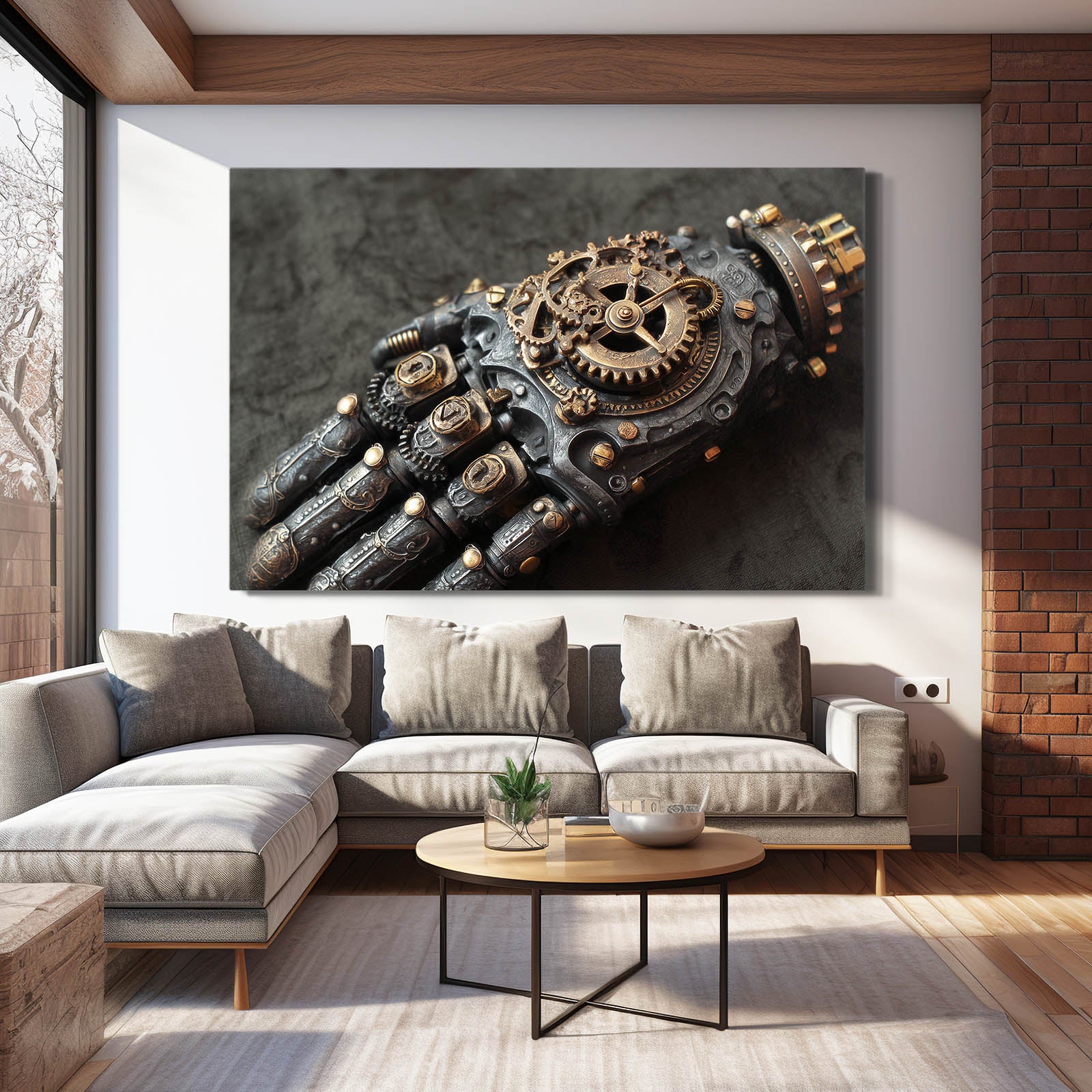 Clockwork Gauntlet Hand Steampunk Art – styled in a furnished interior