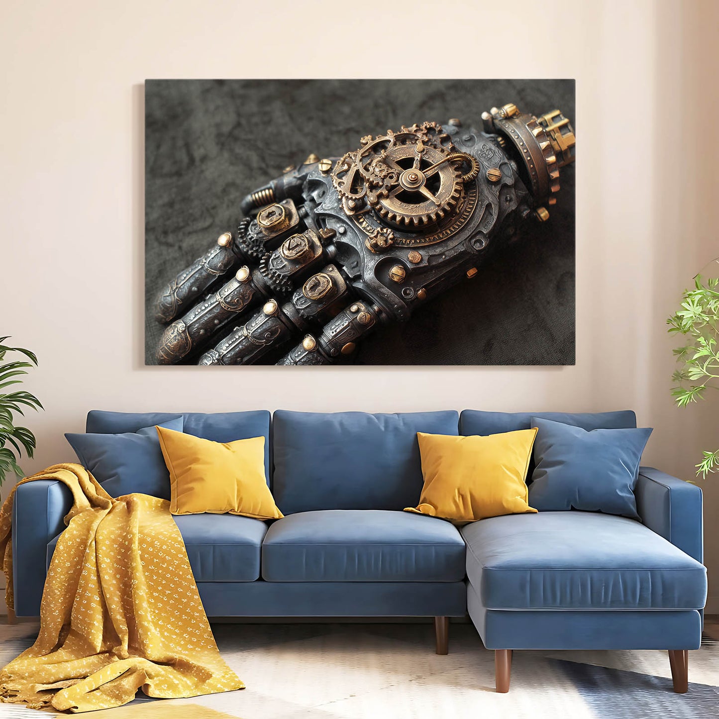 Clockwork Gauntlet Hand Steampunk Art – styled in a furnished interior