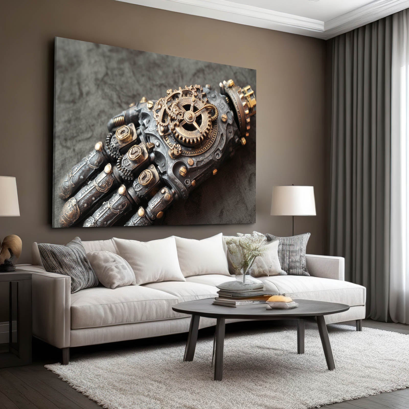 Clockwork Gauntlet Hand Steampunk Art – styled in a furnished interior