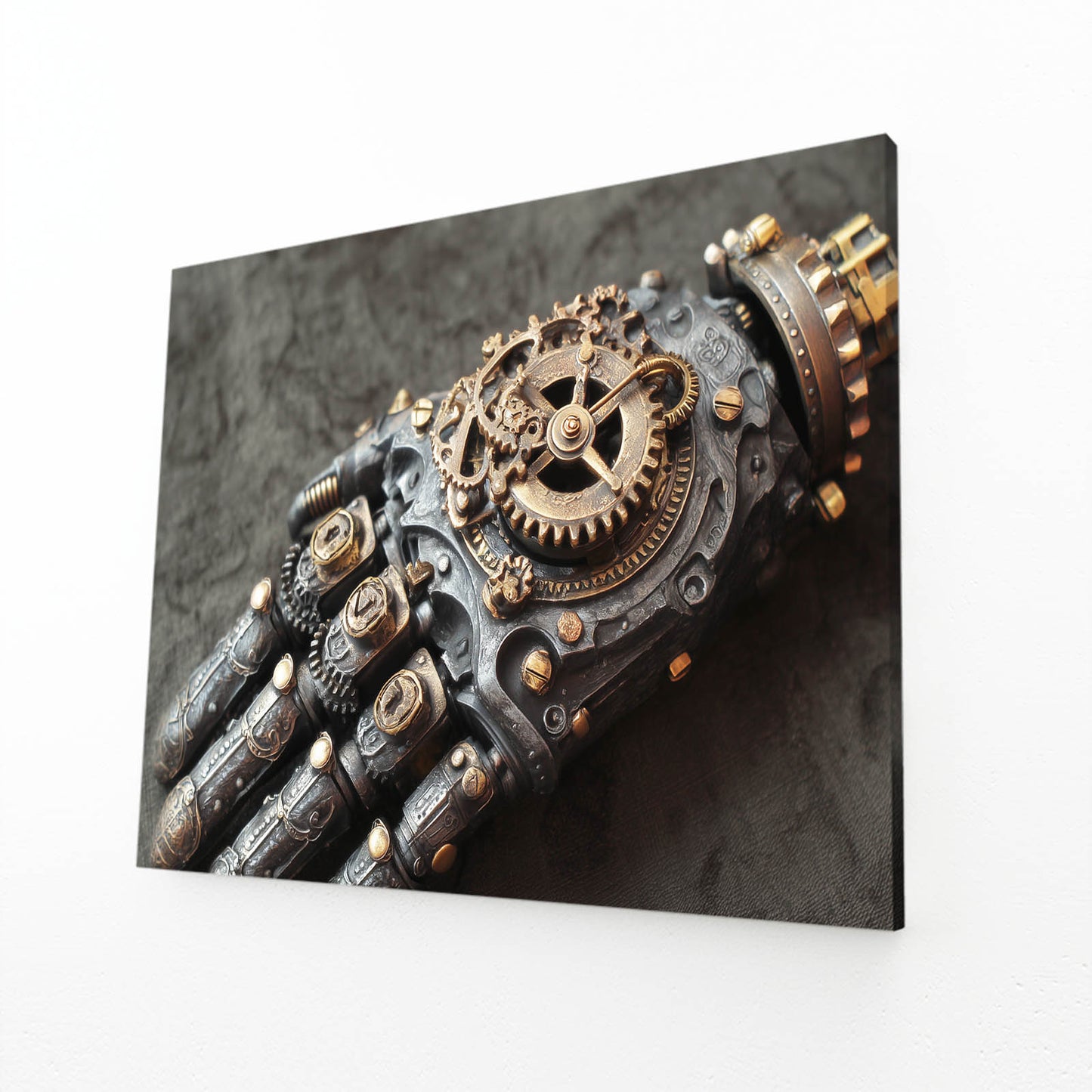 Clockwork Gauntlet Hand Steampunk Art – angled canvas view on white background