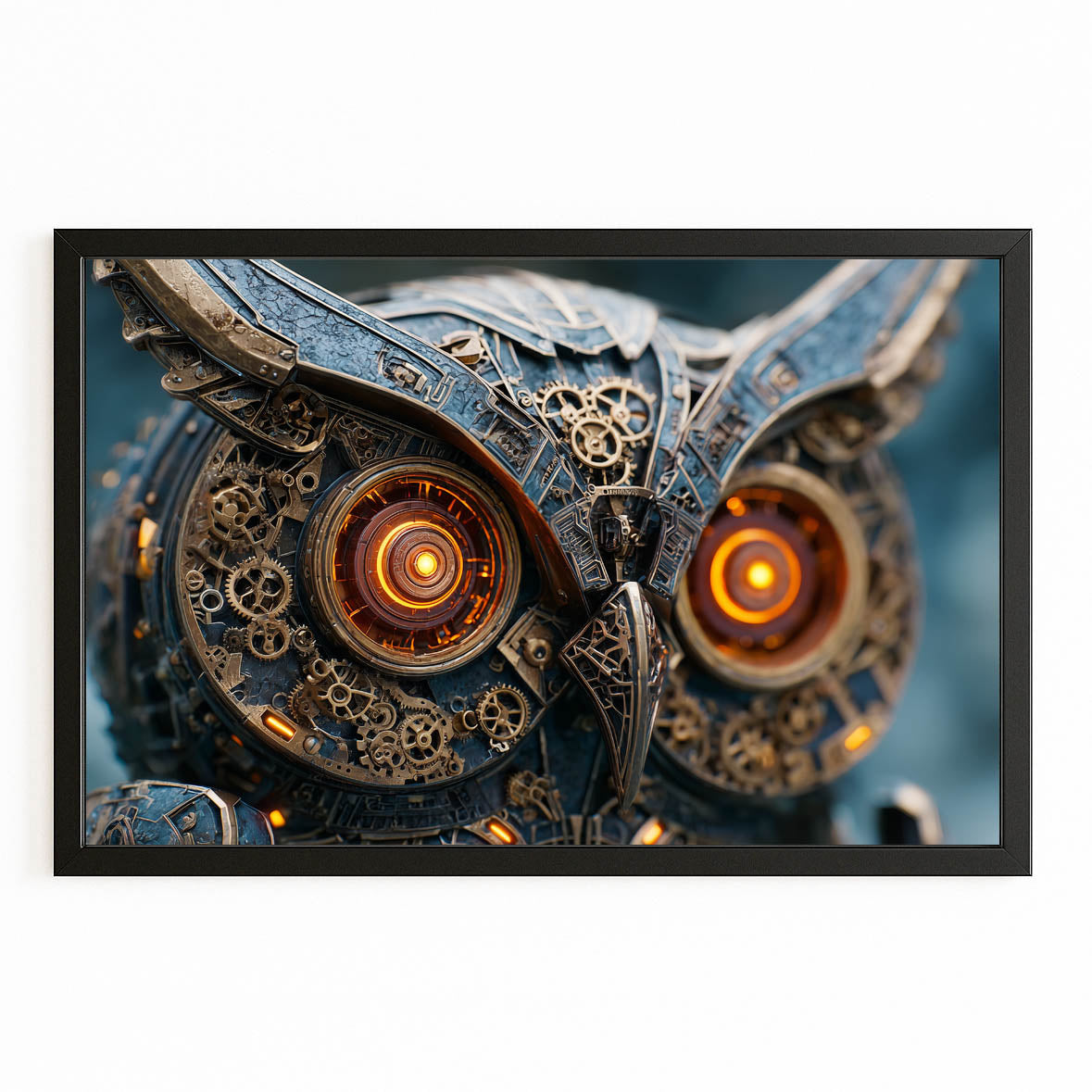 Clockwork Owl Portrait Steampunk Canvas Art – with Premium Black frame on white background