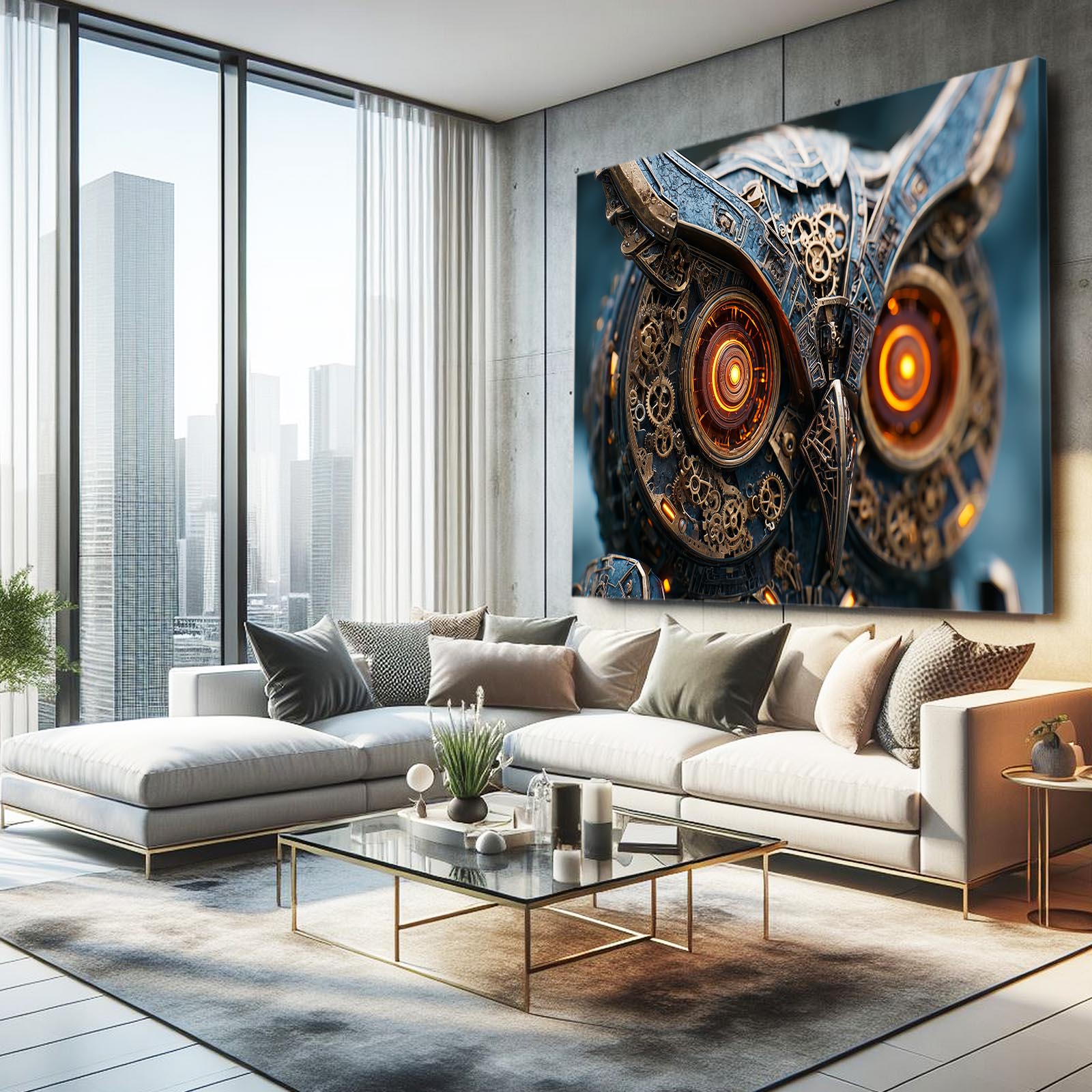 Clockwork Owl Portrait Steampunk Canvas Art – styled in a furnished interior