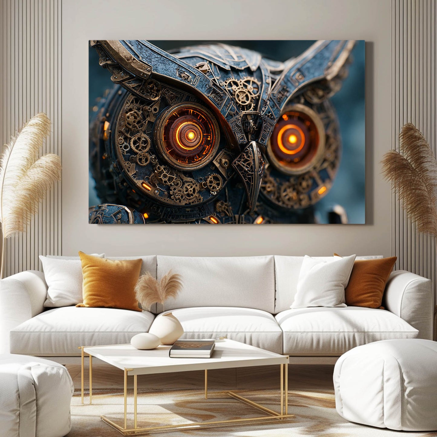Clockwork Owl Portrait Steampunk Canvas Art – styled in a furnished interior