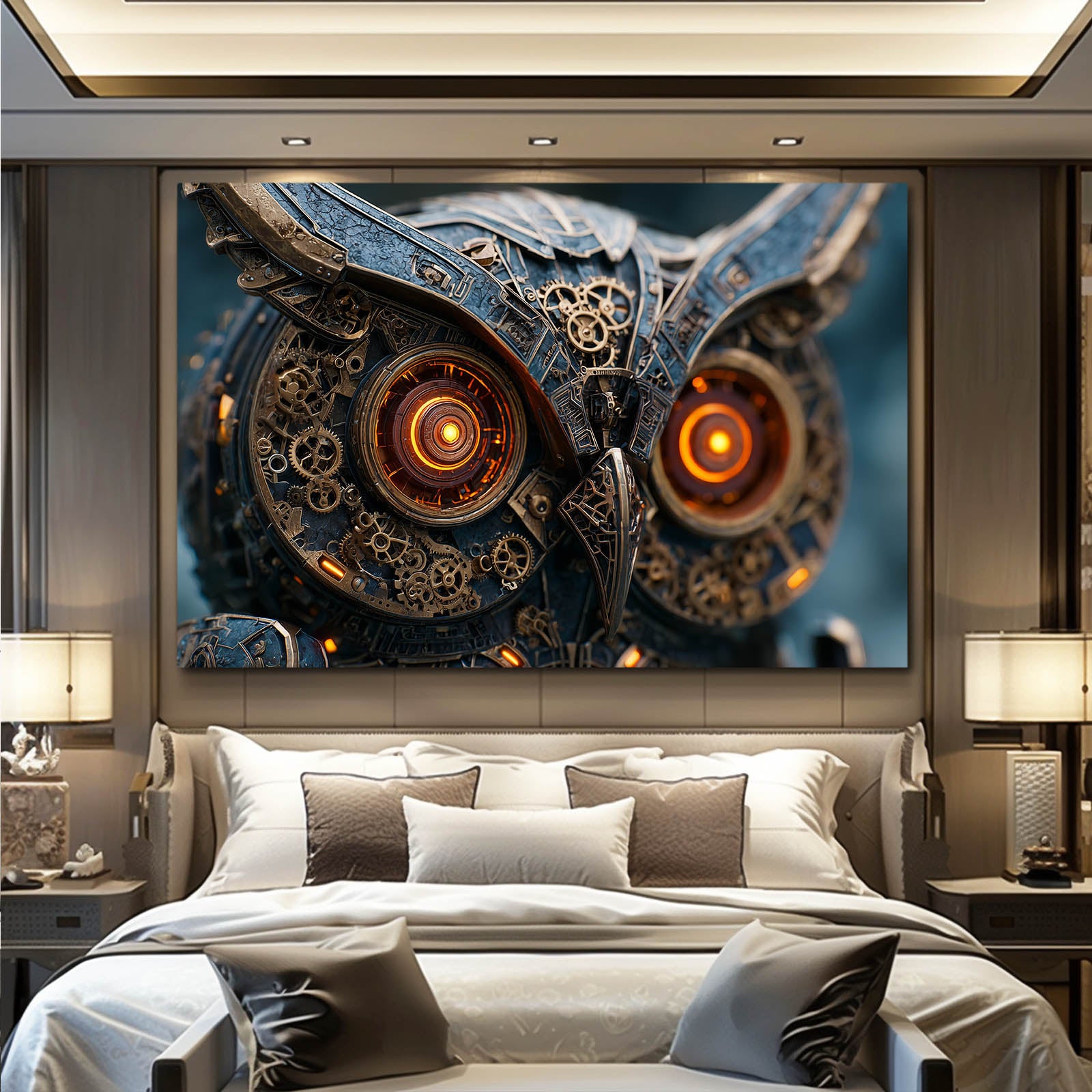 Clockwork Owl Portrait Steampunk Canvas Art – styled in a furnished interior