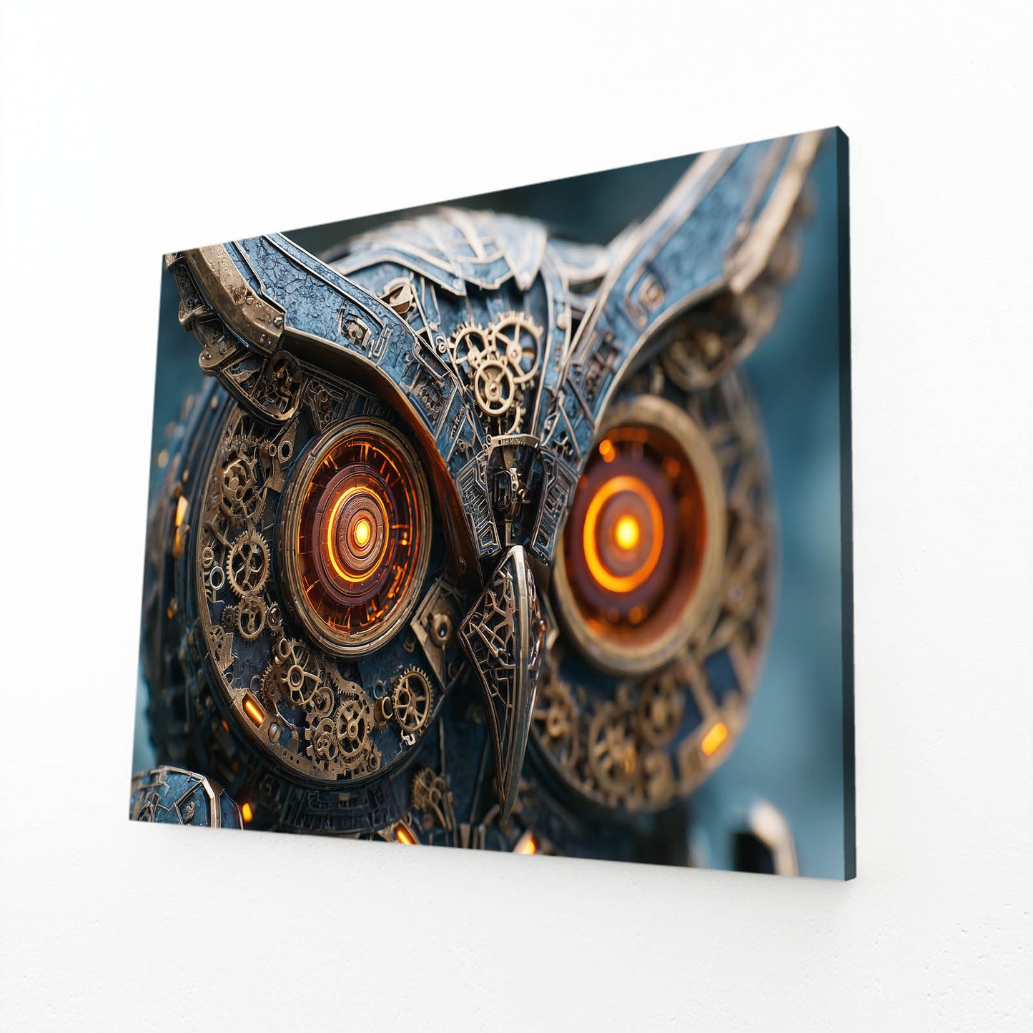 Clockwork Owl Portrait Steampunk Canvas Art – angled canvas view on white background