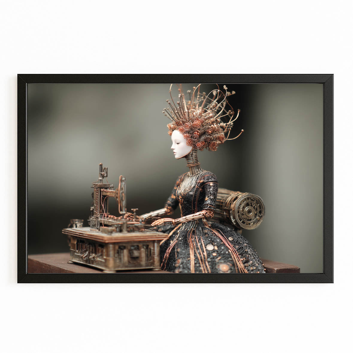 Clockwork Queen Doll Steampunk Canvas – with Premium Black frame on white background