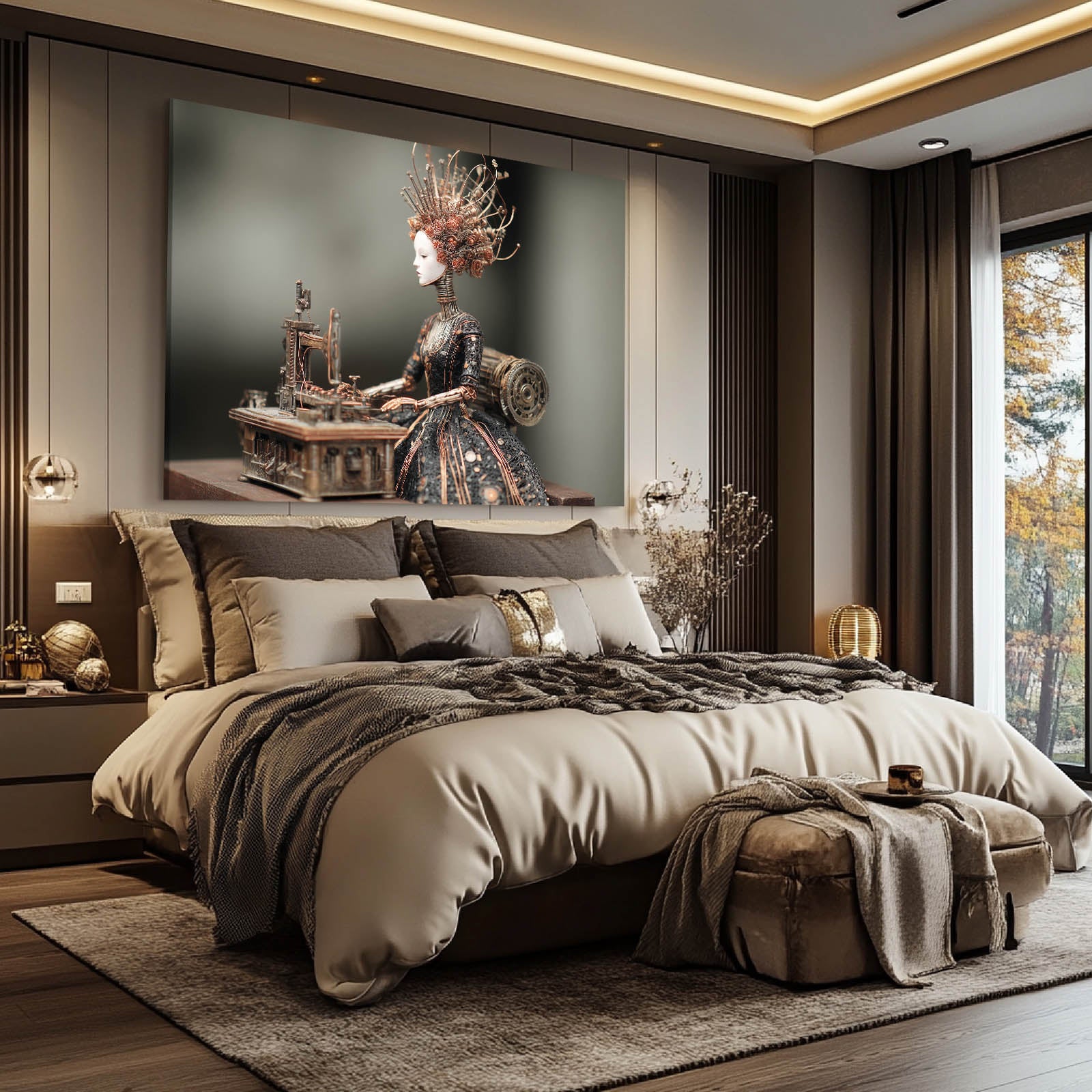 Clockwork Queen Doll Steampunk Canvas – styled in a furnished interior