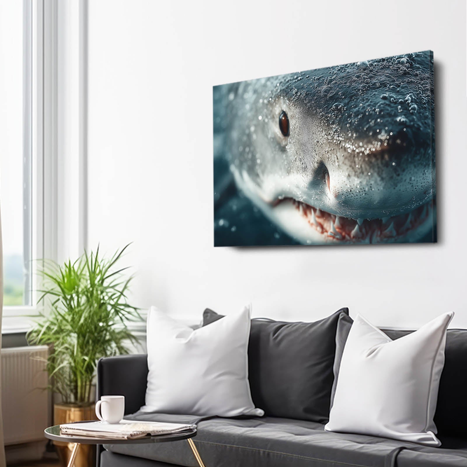 Close Up Realistic Shark Canvas Art – styled in a furnished interior