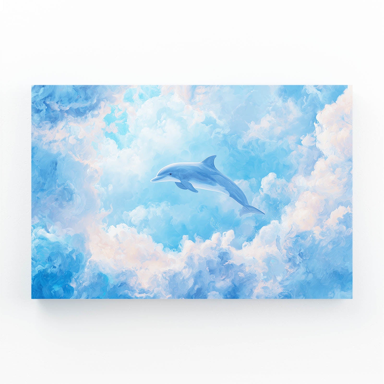 Cloud Leap Dolphin Art – dolphin leaping through soft blue and white clouds in the sky