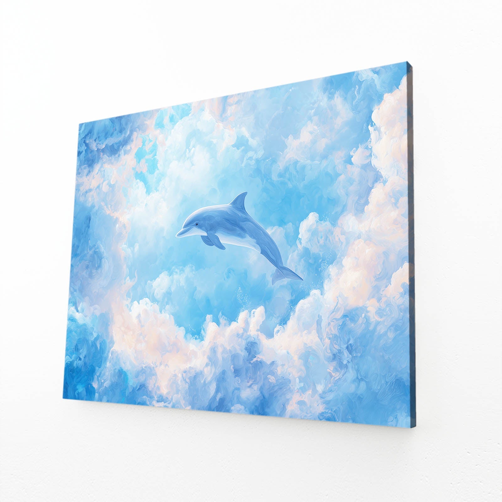 Cloud Leap Dolphin Art – angled canvas view on white background