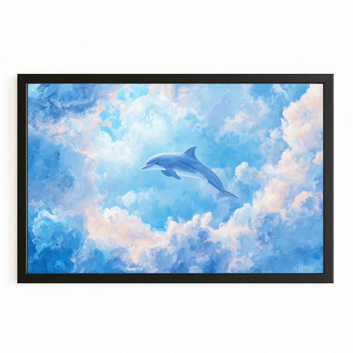 Cloud Leap Dolphin Art – with Premium Black wood frame on white background