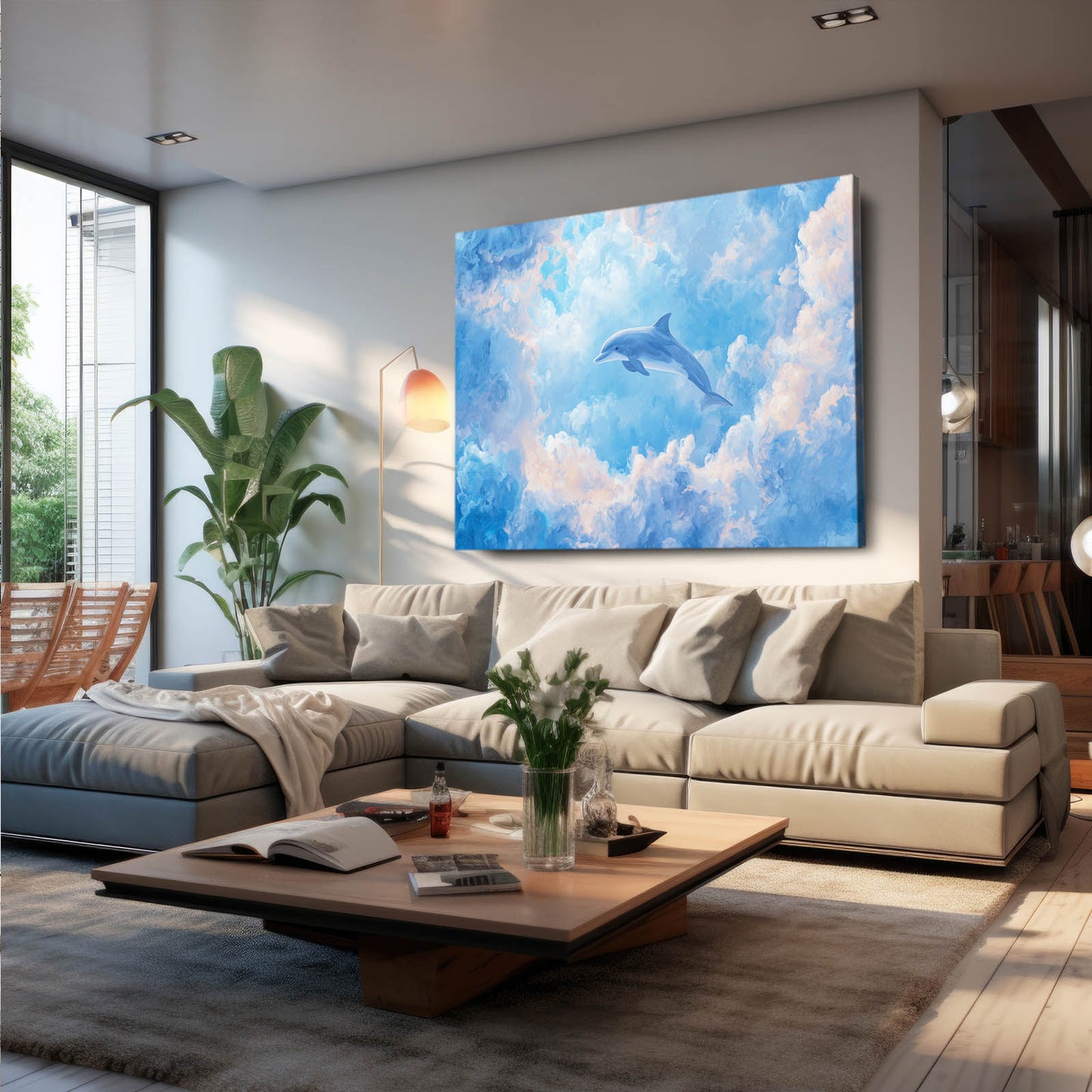 Cloud Leap Dolphin Art – styled in a furnished interior